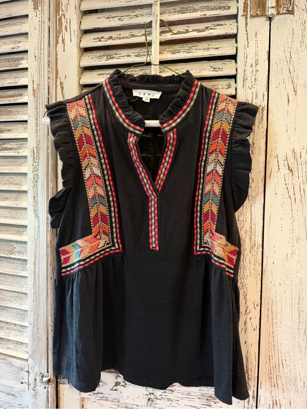THML Black Sleeveless Top with Colorful Geometric Embroidery